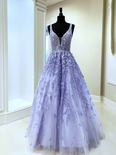 Lilac Lace V Neck Long Prom Dress Evening Dress on Luulla