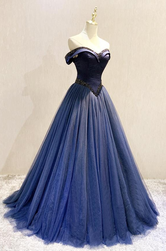 Black tulle beads long prom dress A line evening dress s58