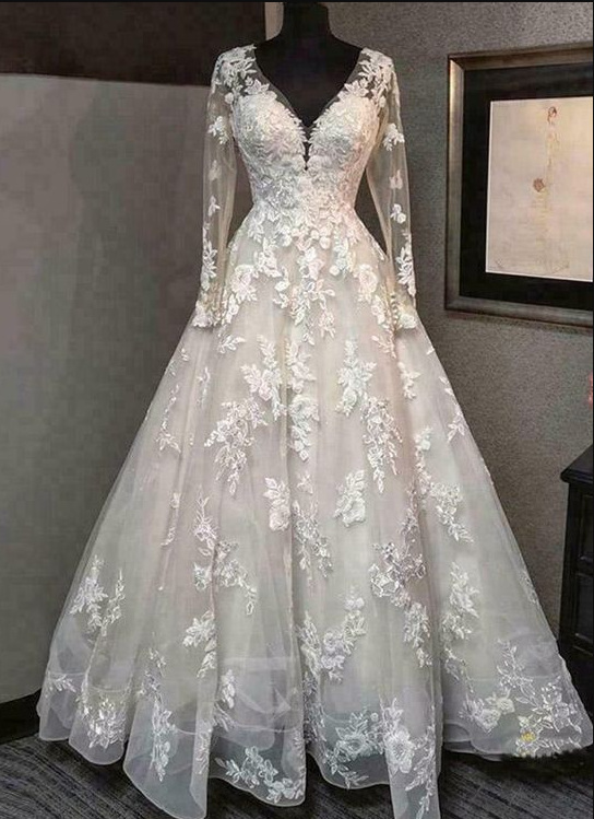 V Neck A Line Backless Lace Appliques Bridal Gowns on Luulla
