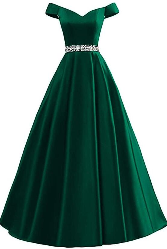 Simple Off The Shoulder Green Satin Long Prom Dress on Luulla