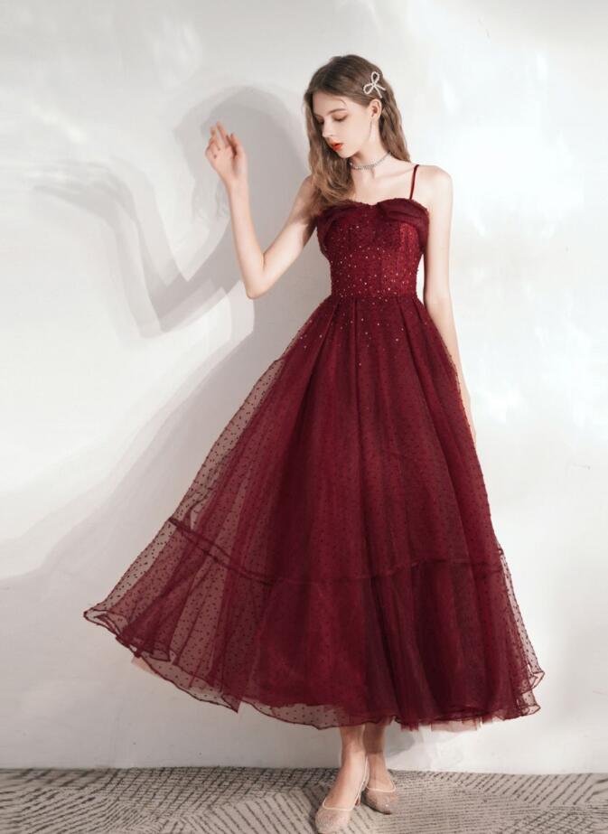 Sweetheart Tulle Burgundy Tea Length Prom Dress on Luulla