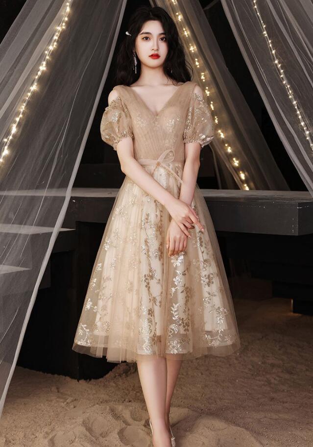 V-Neck Sleeveless Tulle Girl's Dress Champagne