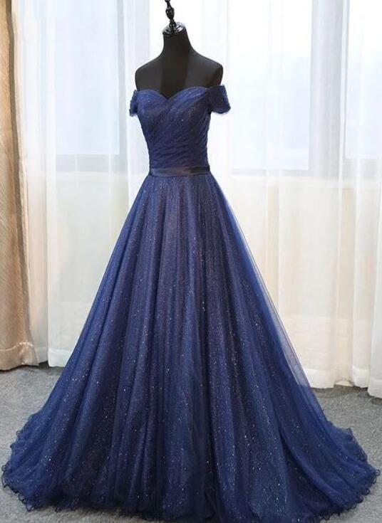 Off Shoulder Formal Evening Dress, Navy Blue Tulle Prom Dress on Luulla