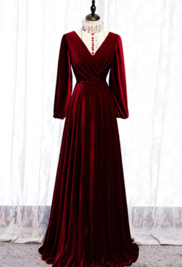 Burgundy Velvet High Neck Long Sleeve Prom Dress on Luulla