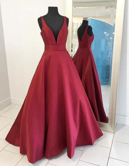 Simple Red V Neck Satin Prom Dress, Red Evening Dress on Luulla
