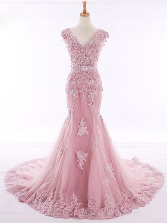 Mermaid Pink Lace Evening Gown With Open Back on Luulla