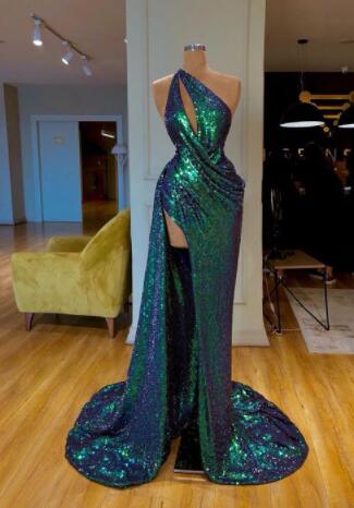 Sexy One Shoulder Dark Green Sequin Evening Gown With Slit on Luulla