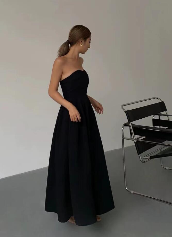 Black Strapless A-Line Tulle Long Prom Dress with Appliques,DP927