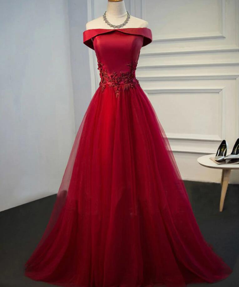 A-line Layers Tulle and Lace Off Shoulder Party Dress, Tulle Long Prom Dress main image 1