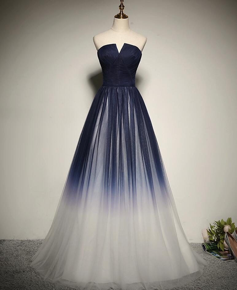 Simple Unique Blue Ombre Tulle Long Prom Dress on Luulla