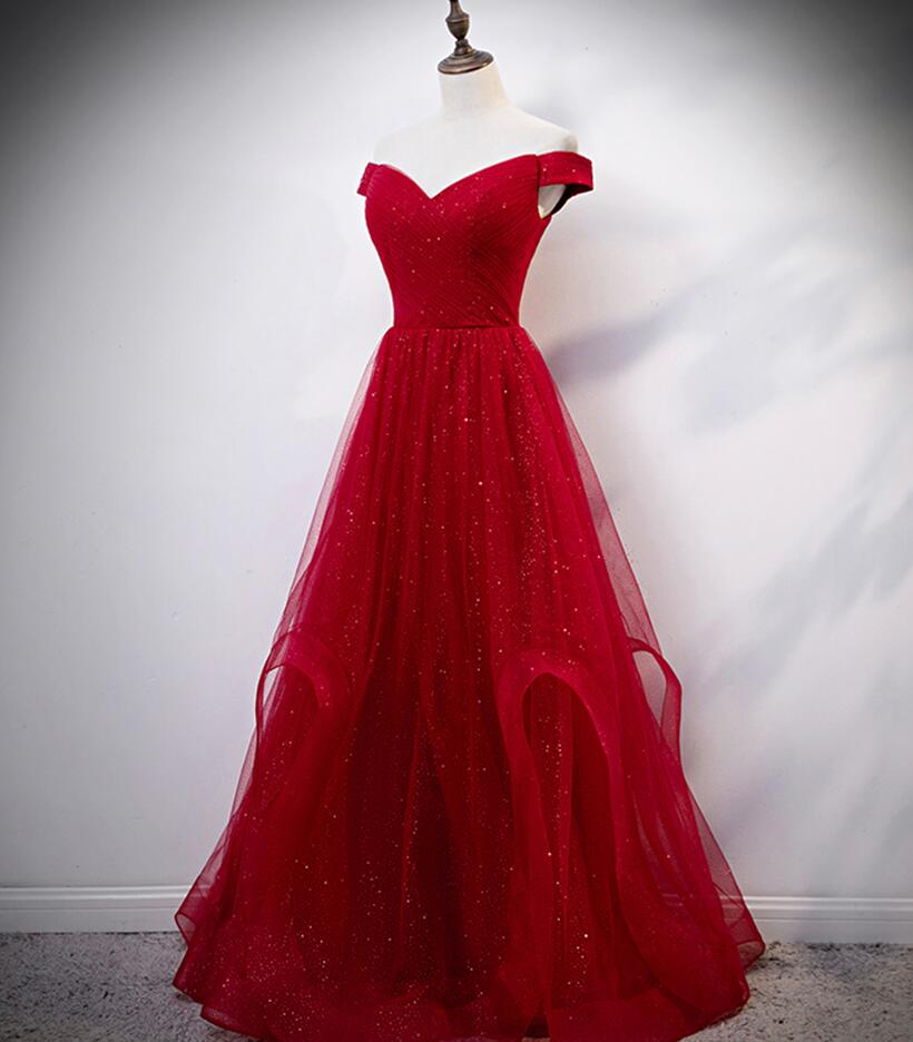 Elegant A Line Off The Shoulder Burgundy Tulle Prom Dresses With Ruffle Long Evening Dress main image 0