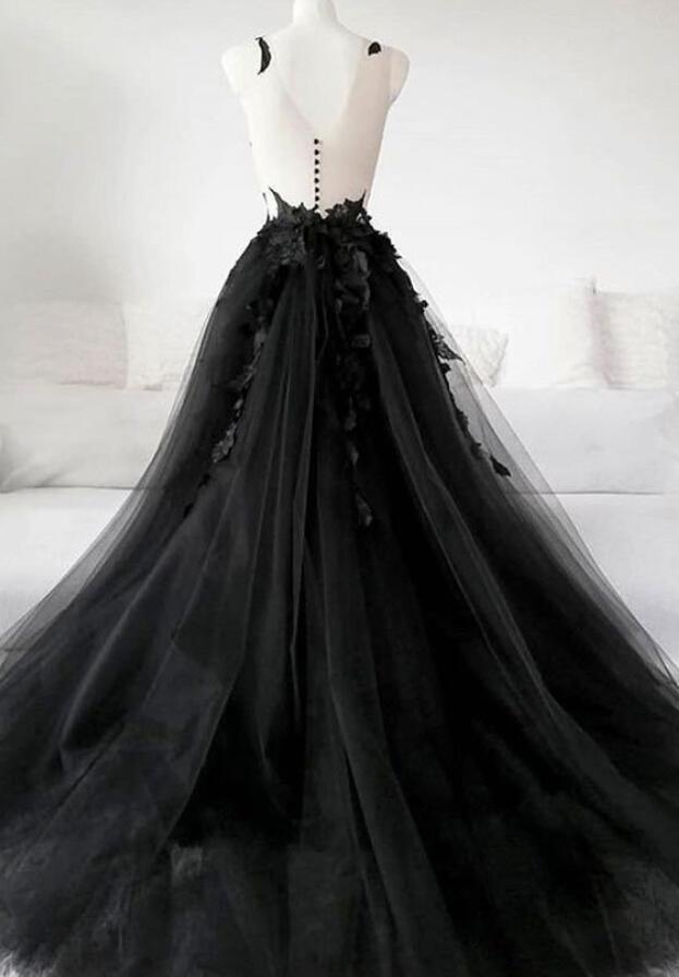 Black Formal Dress Sparkle Tulle Ruffles Long Prom Dresses With Appliques GP828