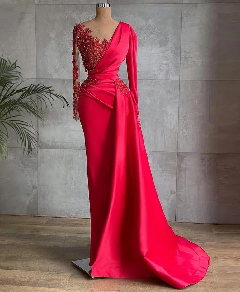 A Line Red Satin Dubai Evening Dresses Long Sleeves Sheer Neck Beads