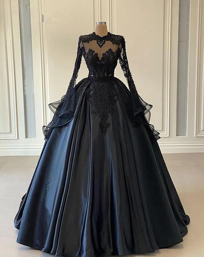 Long Sleeves Ball Gown Black Lace Prom Dresses on Luulla