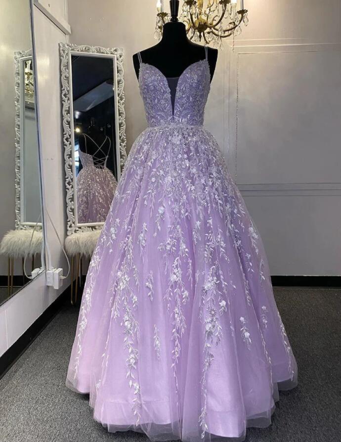 A-line Plunging Sleeveless Floor-Length Lilac Lace Prom Party Dress, Beading main image 1