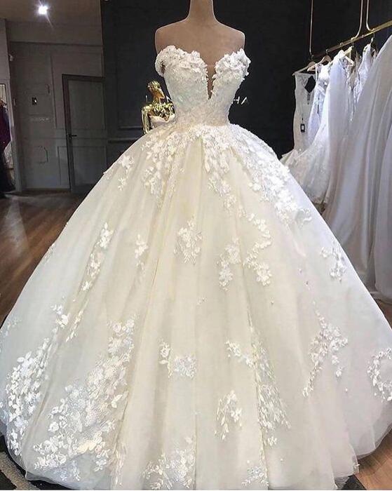 Off Shoulder Princess Wedding Dresses, Lace Applique Bridal Gown on Luulla