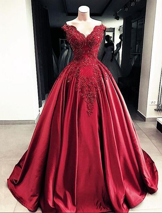 Elegant Burgundy 3D Flowers Off Shoulder Evening Dress A Line Prom Dress Y7637