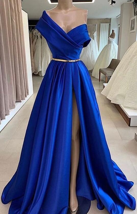 One Shoulder Sleeveless Lace Dress With Sash Royal Blue