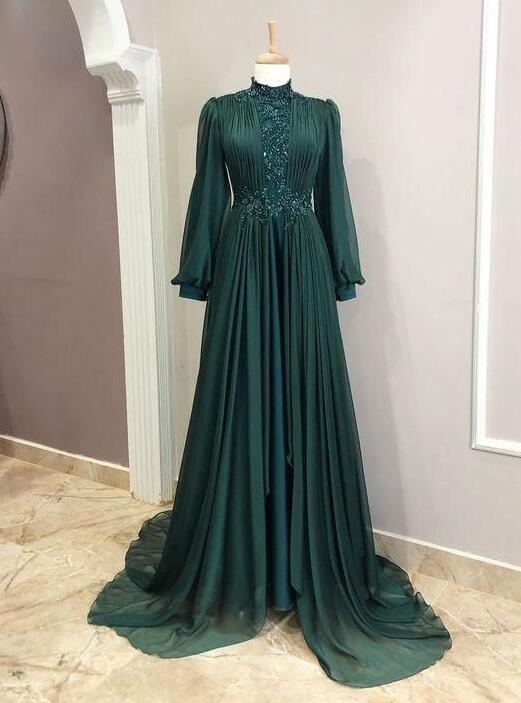 A Line High Neck Long Sleeves Green Prom Dresses on Luulla