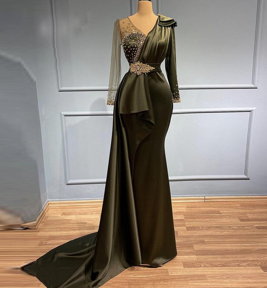 Elegant Green Beaded Evening Dress With Long Sleeves on Luulla