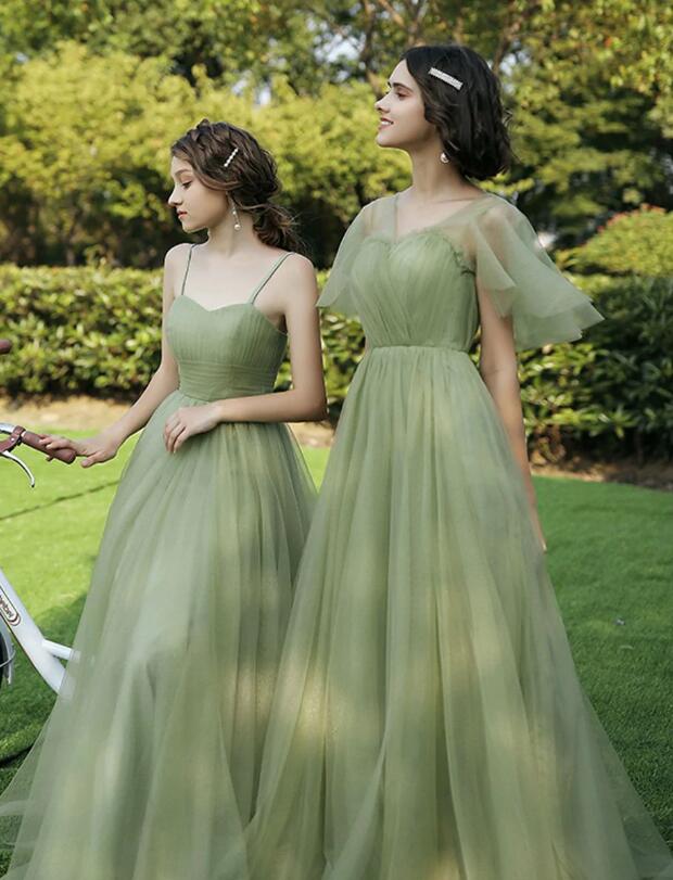 Simple A line Green Long Prom Dress, Green Tulle Bridesmaid Dress Y1857