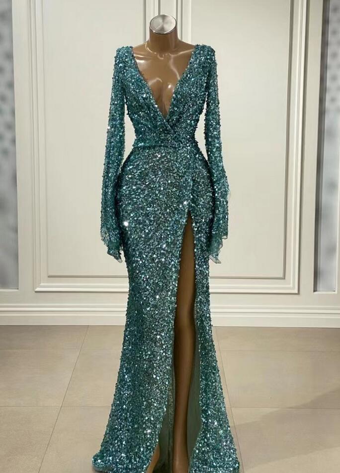 Elegant Long Glitter Beading Mermaid Prom Dresses With Long Sleeves
