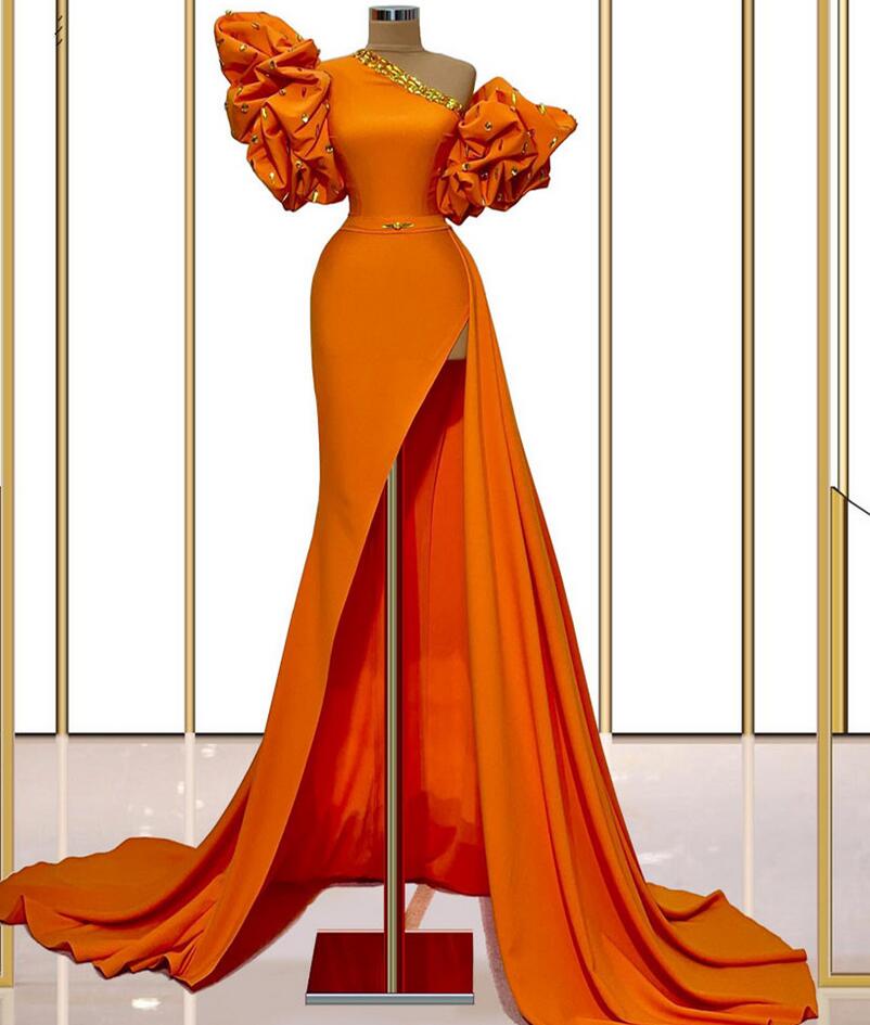 Mermaid Orange One Shoulder Stain Prom Dresses With Beading on Luulla