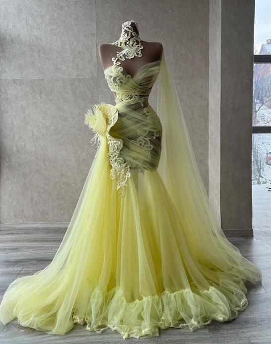 Deep V-neck Yellow Prom Dresses, Mermaid Prom Dresses, Long Prom Dresses, PD0693