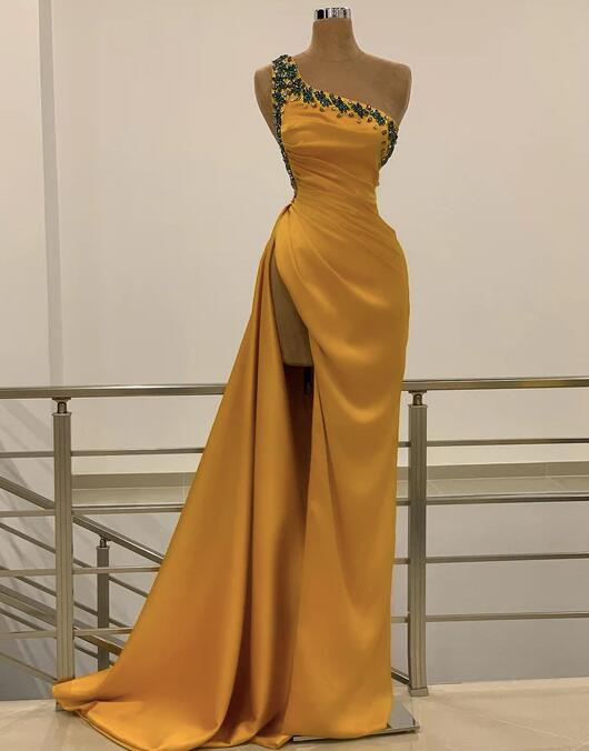 Yellow One Shoulder Sheath Prom Dress With Split Y5668