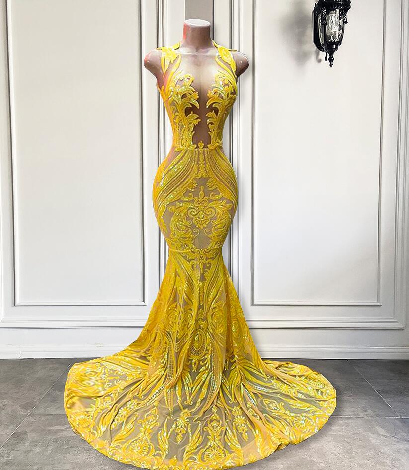 Sparkly Yellow High Neck Sleeveless Sequins Evening Dress Mermaid Prom Party Dress Y7712 main image 1