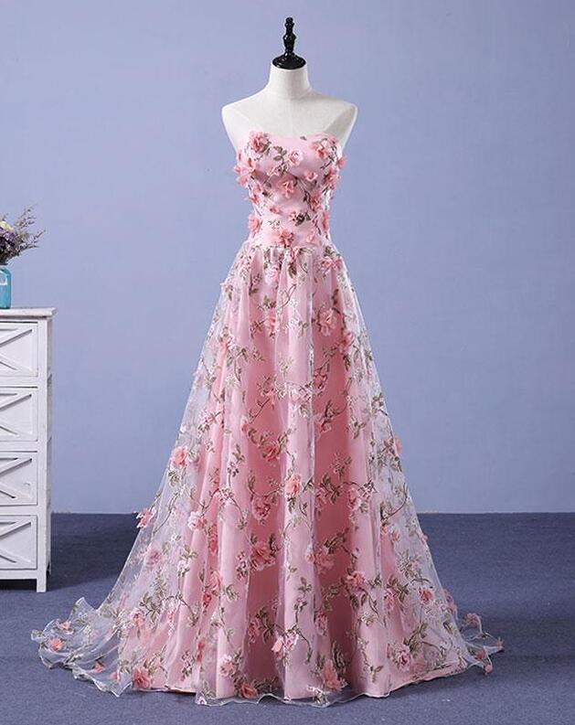 A Line Pink Tulle 3d Flowers Long Prom Dress On Luulla 5049