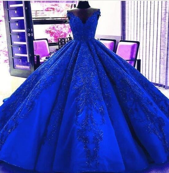 Vintage Royal Blue V Neck Lace Ball Gown Prom Dresses on Luulla