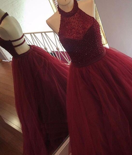 A Line Burgundy Tulle Prom Dress LBQ1346 main image 1