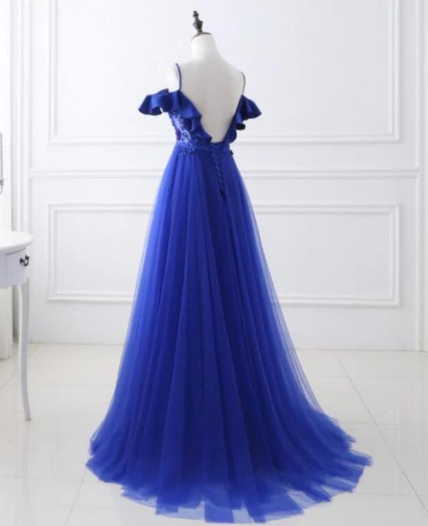 Elegant Royal Blue Tulle Satin Evening Dress With Spaghetti Straps on ...