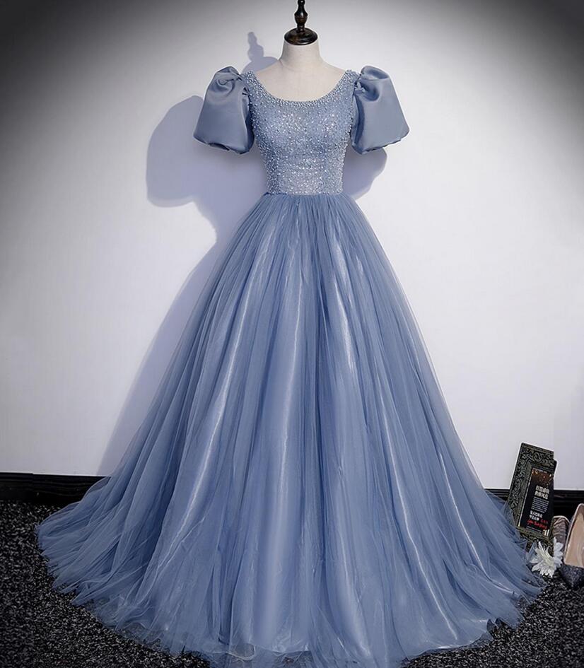 Princess Dusty Blue Tulle Prom Dress With Short Sleeves on Luulla