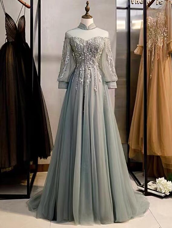 Fokissy Long Sleeve Tulle Prom Dress - A-Line Ball Gown With Lace Applique