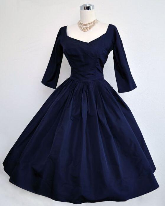 A Line Dark Blue Prom Dress With Middle Sleeve on Luulla