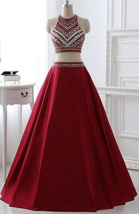 Two Pieces Off Shoulder Prom Dress, Blue A-Line Beaded Prom Dress, KX623 main image 0