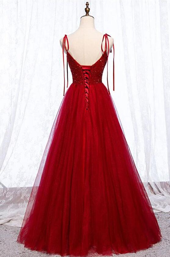 Burgundy A Line Scoop Beads Tulle Prom Dress LBQ4230
