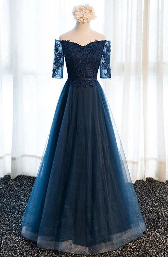 Gorgeous Off The Shoulder Navy Blue Long Tulle Prom Dress on Luulla