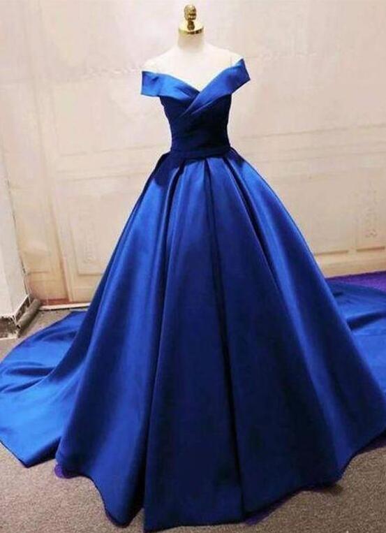 Off-the-shoulder Acetate Satin Pleated Dress Ocean Blue