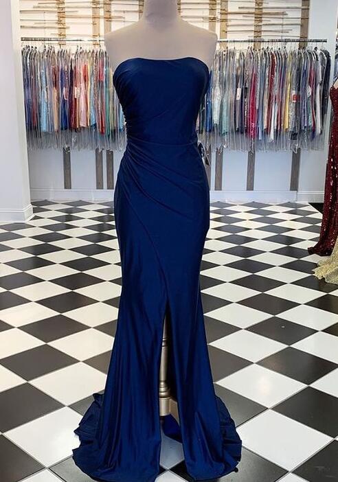 Strapless Ruched Navy Blue Satin Prom Dress on Luulla