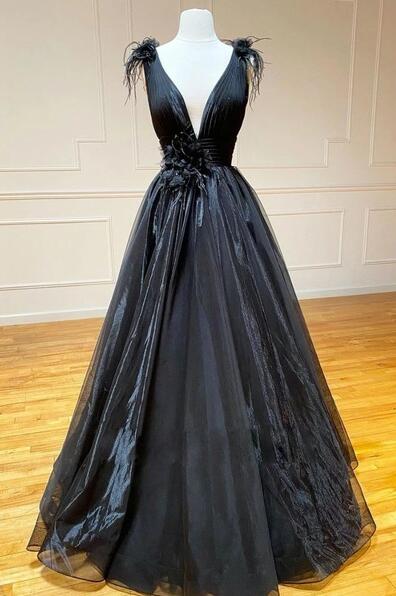 Black V-Neck Tulle Layers Long Formal Dress, A-Line Black Party Dress main image 0