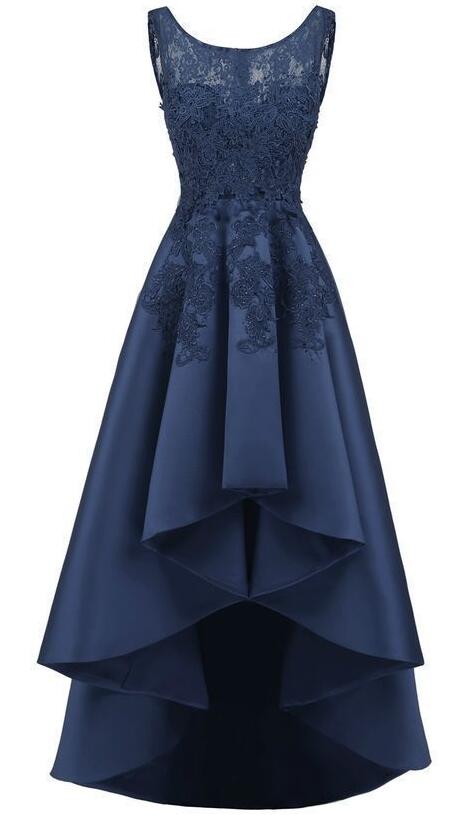 Charming Navy Blue High Low Party Dress, Lace Applique New Style Prom Dress C635