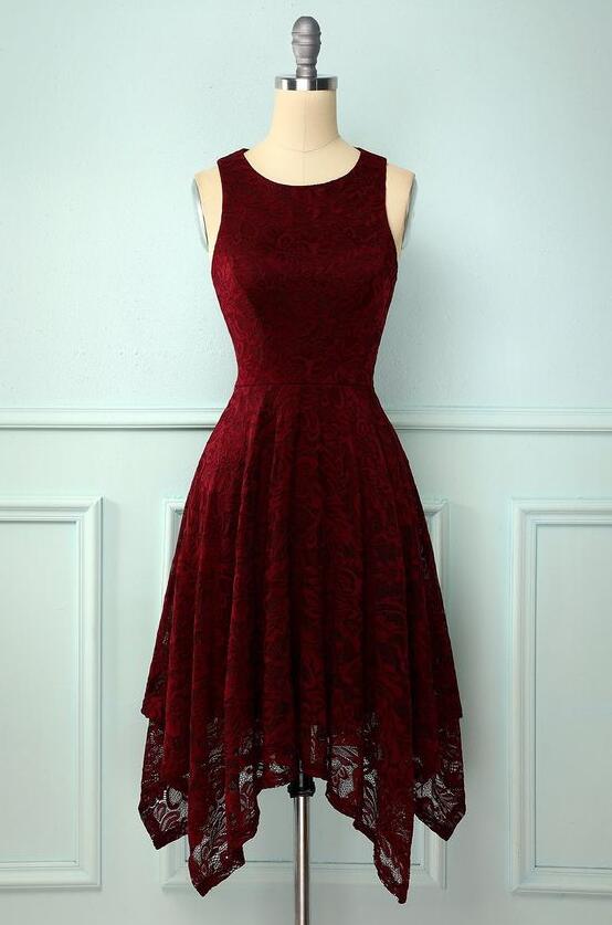 Lace Puff Short Dress In Burgundy Red
