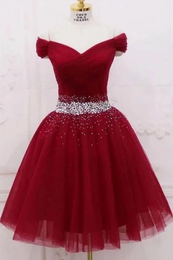Chic Burgundy Off Shoulder Homecoming Dress, Tulle Short Prom Dress