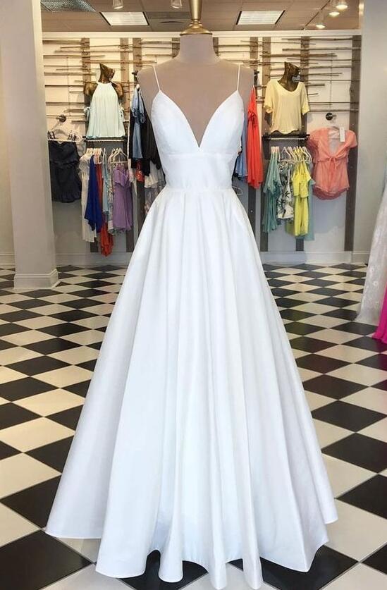 Aline V Neck White Prom Dresses, Satin Tea Length White Formal Wedding Party Dress main image 1
