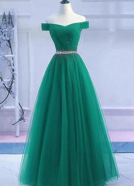 Off Shoulder Beaded Green Tulle Prom Dress on Luulla