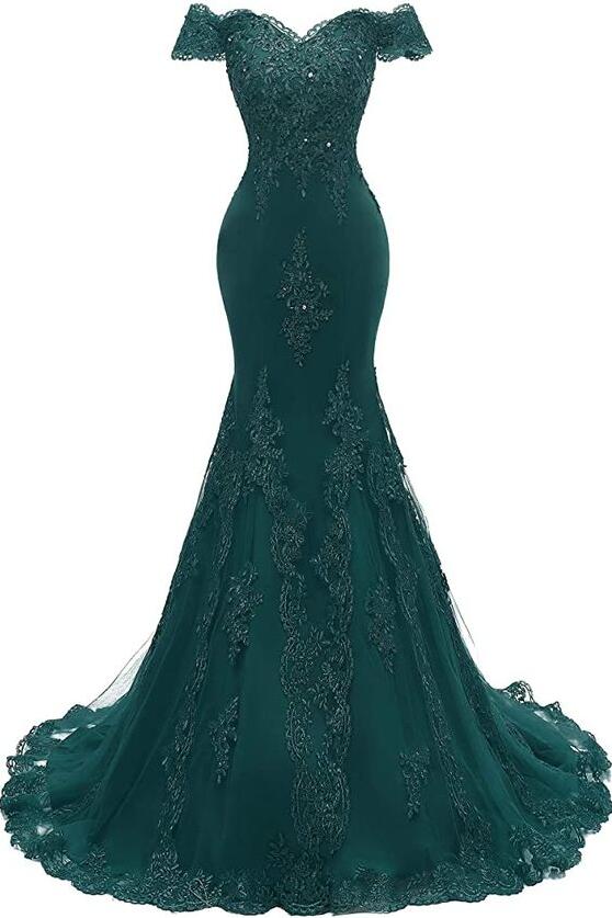 Dark Green Mermaid Prom Dress Long Ball Dresses On Sale Off-the-Shoulder