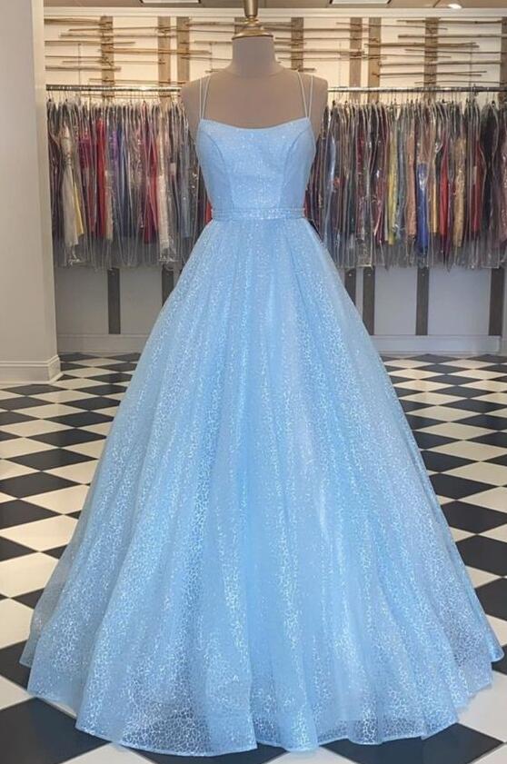 A-line Light Blue Popular Modest Chiffon Formal Long Prom Dresses